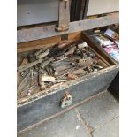 AN OLD WOODEN TOOL CHEST AND TOOLS