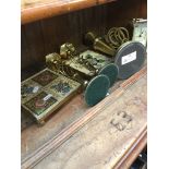 SELECTION OF BRASSWARE; CANDLESTICKS, CLOCK