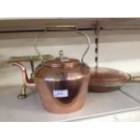 COPPER KETTLE, BRASS TRIVET AND WARMING PAN