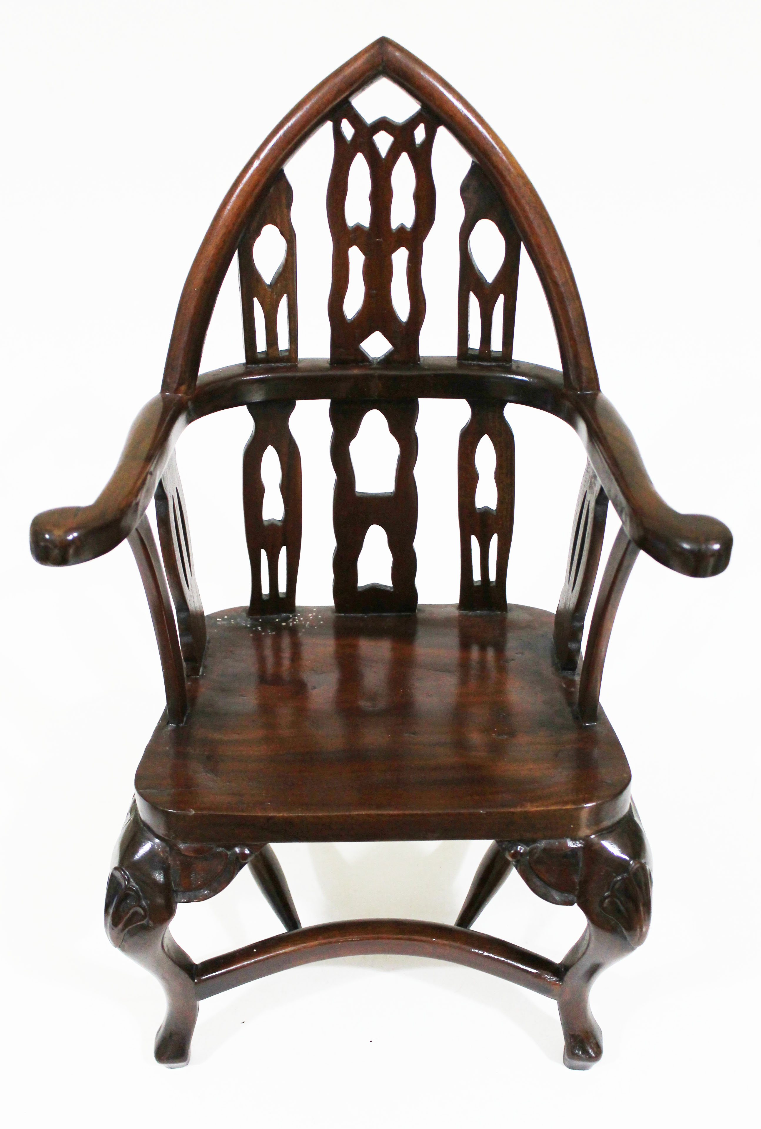 A miniature reproduction mahogany Gothic back Windsor chair, height 52cm.