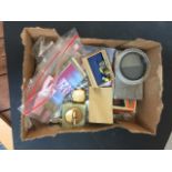 A BOX OF COINS, RAZOR, LIGHTER ETC C