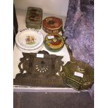 BRASS WARMING PAN, COMMEMORATIVE TINS, 'BABY'S PLATE' ADVERTISING DISH, EASTERN CARVING M1