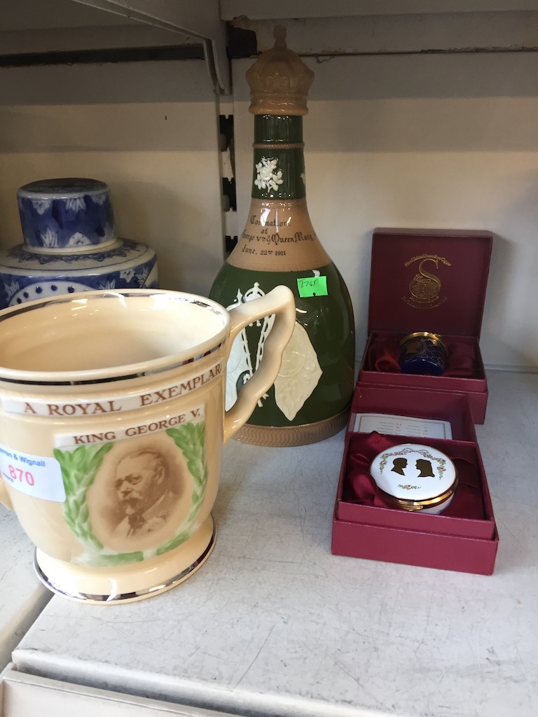 SPODE DECANTER, ROYAL DOULTON COMMEMORATIVE CUP AND PILL BOXES C4