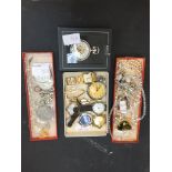 3 TRAYS OF COSTUME JEWELLERY, COINS, WATCHES ETC C