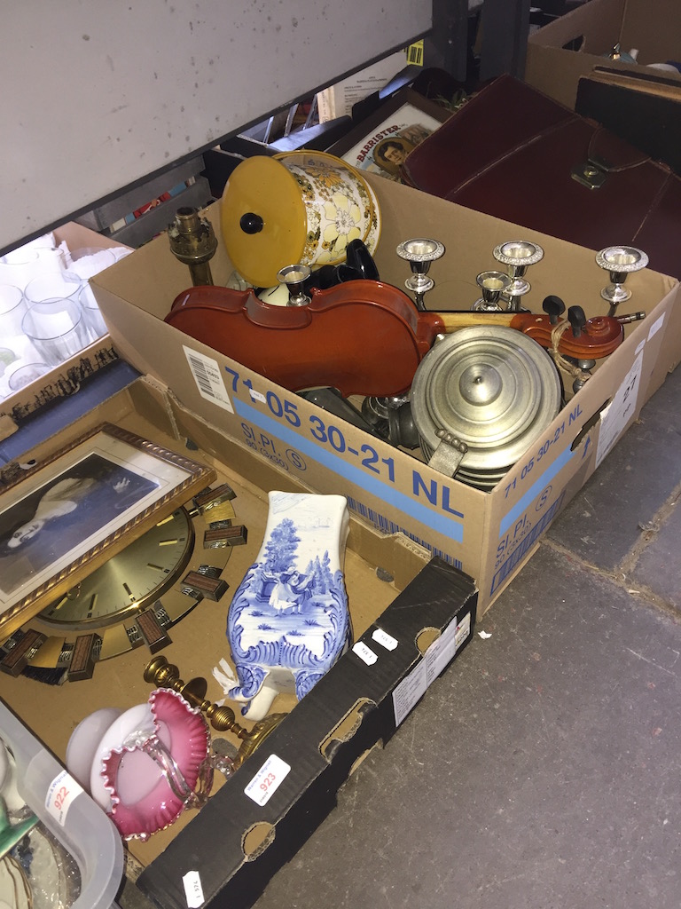 3 BOXES OF ITEMS INC, VIOLIN, CLOCK, CANDELABRA, BRIEF CASE, SCRAP BOOK ETC T4