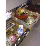 3 BOXES OF ITEMS INC, VIOLIN, CLOCK, CANDELABRA, BRIEF CASE, SCRAP BOOK ETC T4