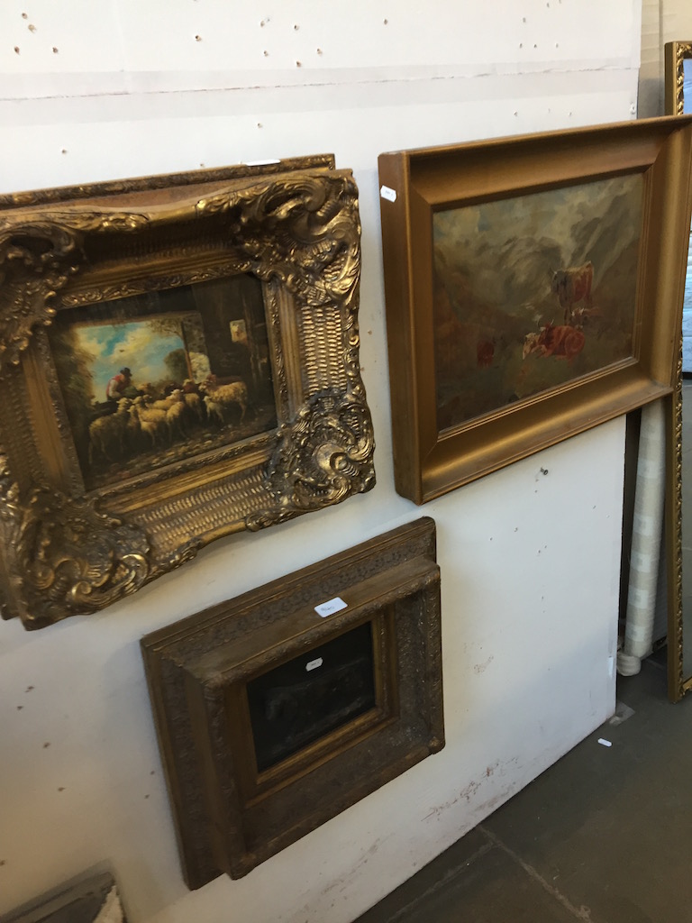 2 OIL PAINTINGS IN GILT FRAMES, UNSIGNED TOGETHER WITH A RELIEF PLAQUE OF A DOG IN GILT FRAME W