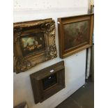 2 OIL PAINTINGS IN GILT FRAMES, UNSIGNED TOGETHER WITH A RELIEF PLAQUE OF A DOG IN GILT FRAME W