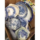 BOX OF BLUE AND WHITE POTTERY T1