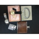 HIP FLASK, BULOVA WRISTWATCH AND ANOTHER, RONSON LIGHTER C