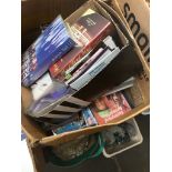 BOX OF DVDS AND CDS AND MUSIC CASSETTES