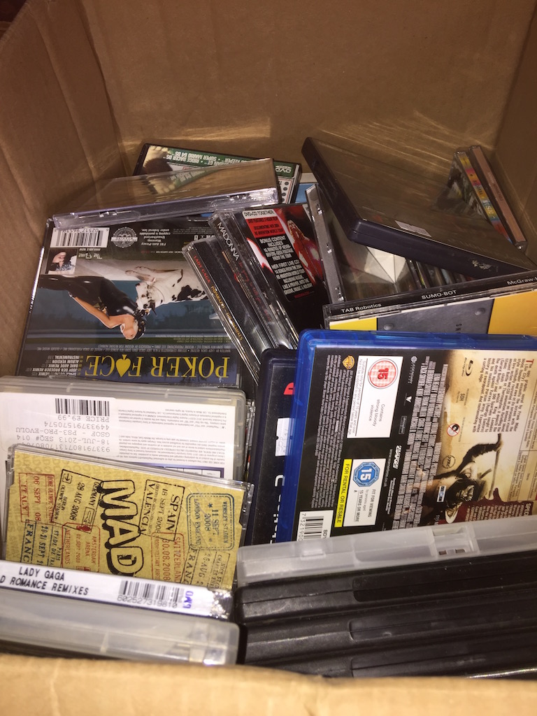 BOX OF DVDS AND CDS