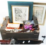 A box of misc including two toddy ladles, a bowie knife, two prints, two bone/ivory carvings, sewing