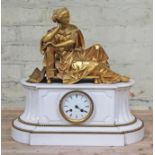 A French 19th Century figural white marble mantel clock, having gilt bronze classical style lady