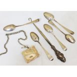 A mixed lot of hallmarked silver comprising a vesta, a button hook and various Georgian spoons.