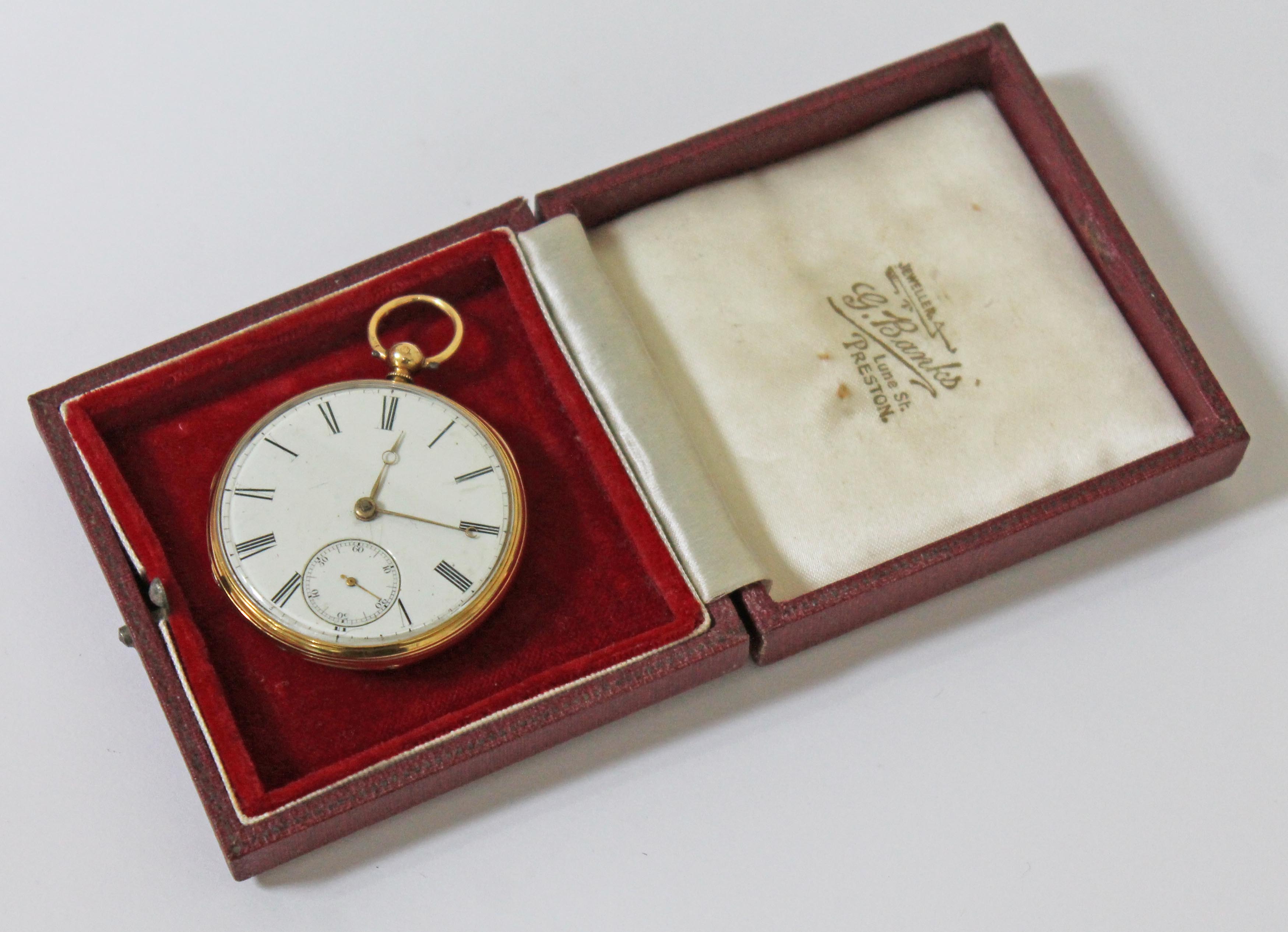 An early Victorian 18ct gold pocket watch with open face pocket watch, enamel dial with Roman - Image 7 of 7