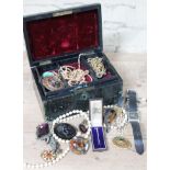 A Victorian jewellery box and contents including a riding crop brooch marked 'Sterling', a
