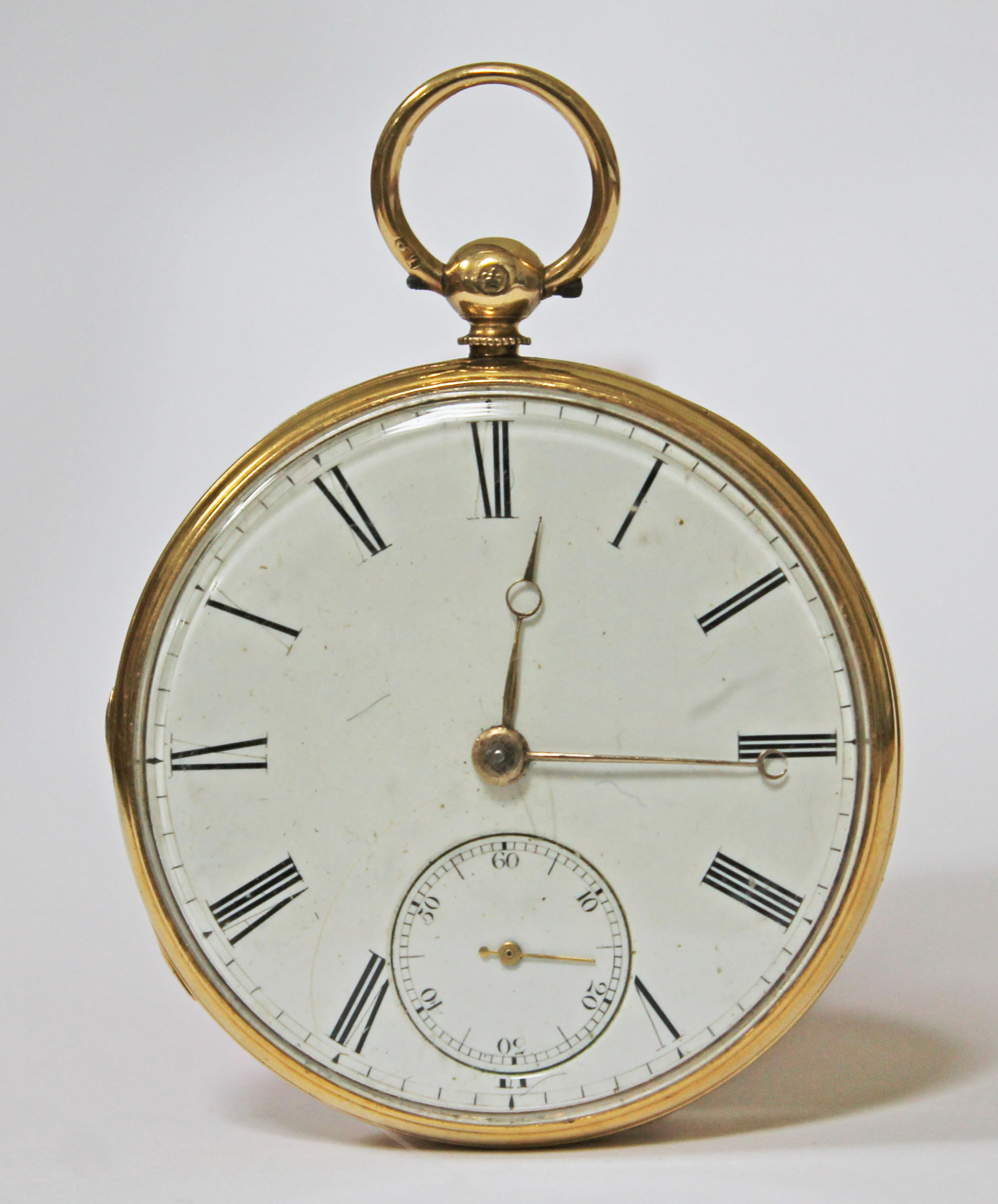 An early Victorian 18ct gold pocket watch with open face pocket watch, enamel dial with Roman