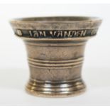 A bell metal mortar bearing the name 'Jan Vanden Ghein' and dated 1507, possibly a later 17th