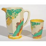 A Clarice Cliff Bon Jour jug & beaker, height 9cm & 16cm. Condition - good, no chips, cracks nor any