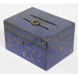 A 19th Century French ballot type box with inlaid gilt Chinoiserie decoration on blue ground, length