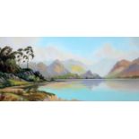 Roland Stead, "Derwent and the Jaws of Borrowdale from Friars Crag", watercolour, 78cm x 28cm,