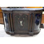 A Victorian ebonised credenza having burr wood crossbanding, gilt metal beading, central