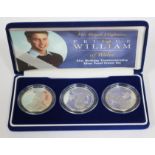 Prince William 21st birthday silver proof three coin set, boxed with certificate.