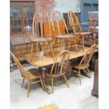 An Ercol table and eight swan back chairs.