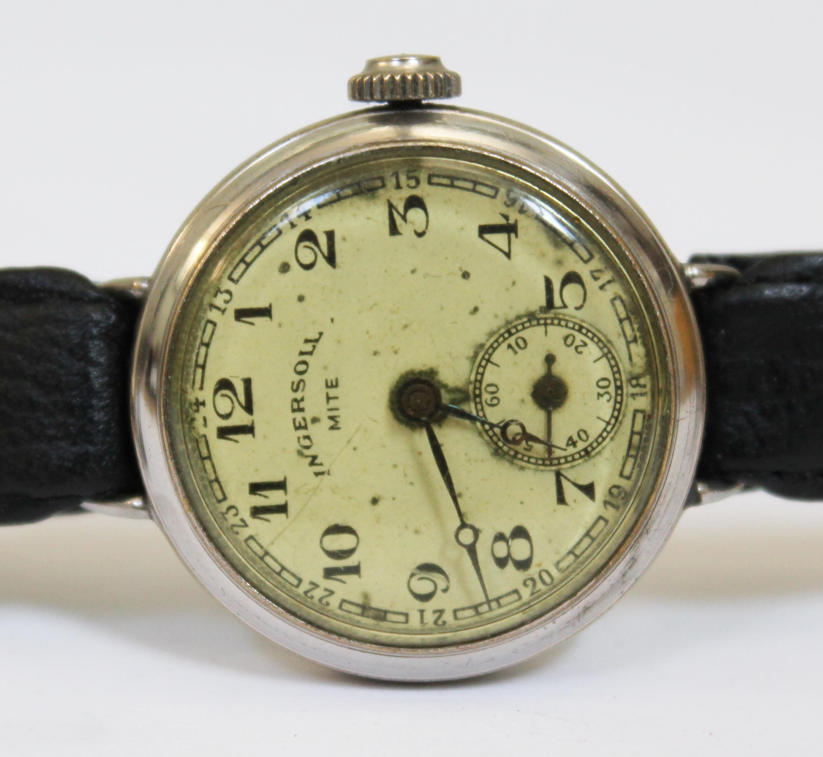 A 1920s Ingersoll Mite trench type wristwatch.