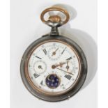 A late 19th Century gun metal open face pocket watch with calendar and moonphase subsidiary dials,