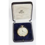 An Art Deco gold plated pocket watch by Elkington, diam. 45mm, with original box.