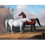 William Barraud (1810-1850), two horses within a desert landscape, oil on canvas, 50cm x 44.5cm,