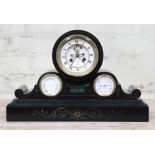 A Victorian black slate and green agate inlaid mantel clock with Brocot escapement and barometer