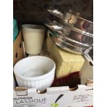 BOX OF KITCHEN ITEMS AND POTS