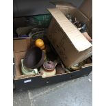 3 BOXES OF POTTERY ITEMS, METAL WARE, ETC