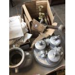 A BOX OF METAL WARE INCLUDING ALUMINIUM HYDRANT COVERS, BRASS ITEMS, ETC