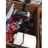 A BOX OF MISC. INCLUDING CD PLAYER, A JOYSTICK, A WEIGHING SCALE, HAIR DRYER, ETC