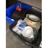 2 CRATES OF MISC. POTTERY, CLOCK ETC