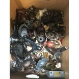 A box of vintage handles and castors