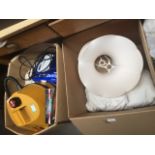 2 boxes of misc including sonic hair remover, hair drier, sonic jewellery cleaner, lamp shades,