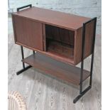 A retro teak record cabinet with lower shelf and metal frame, width 93cm, 38cm & height 88cm.
