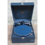 A HMV portable gramophone in blue case. Condition - appears in working order, general wear to case