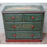 A Victorian pine chest of drawers later painted with marine style decoration - 'VR' cypher and