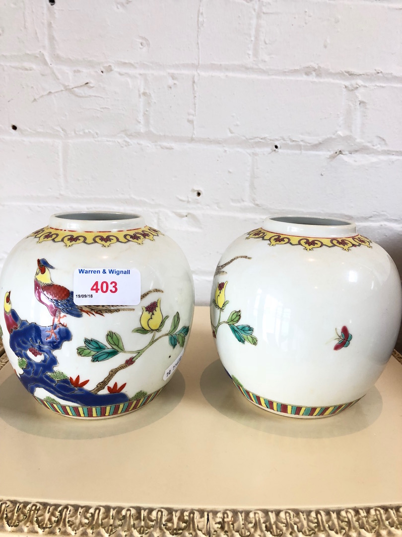 A pair of Chinese porcelain ginger jars, 20th Century, no covers. Condition - good, no chips, no