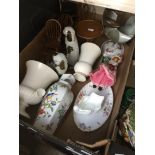 Box of ceramics inc. Aynsley vase, pair small pot dogs etc.