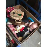 Box of dolls, toys and kids bags