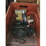 Box of power tools, planer, sander, heat gun