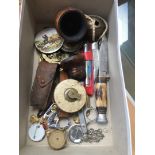 A box of misc including knives, tapes, badges, etc
