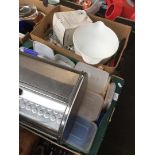 2 boxes containing kitchen items including kitchen scale, Brabantia bread bin, containers, little